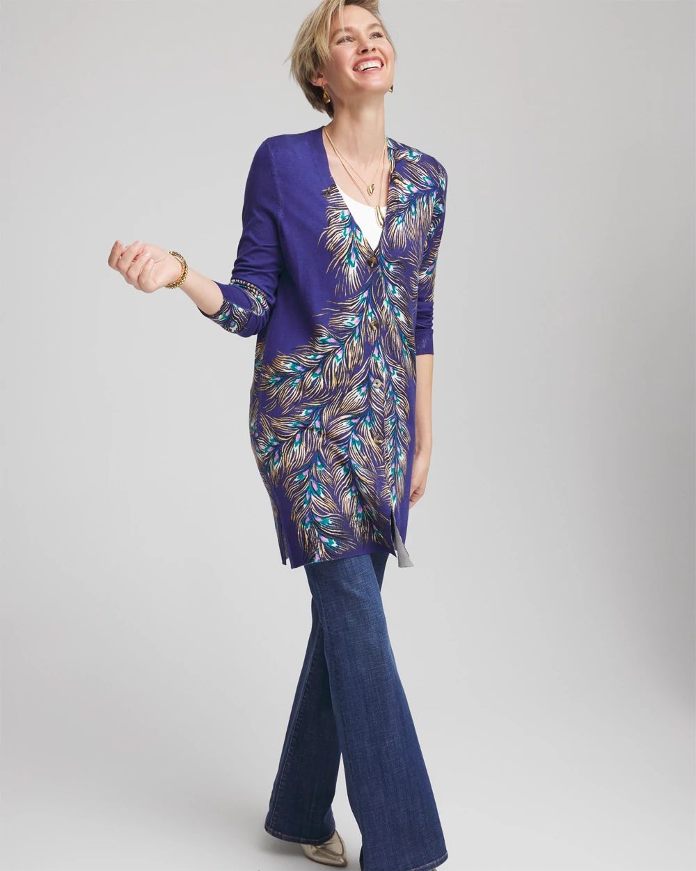 【ballet by backlash 】Peacock long knit Ella Peacock-Print Cardigan Sweater | Chico's